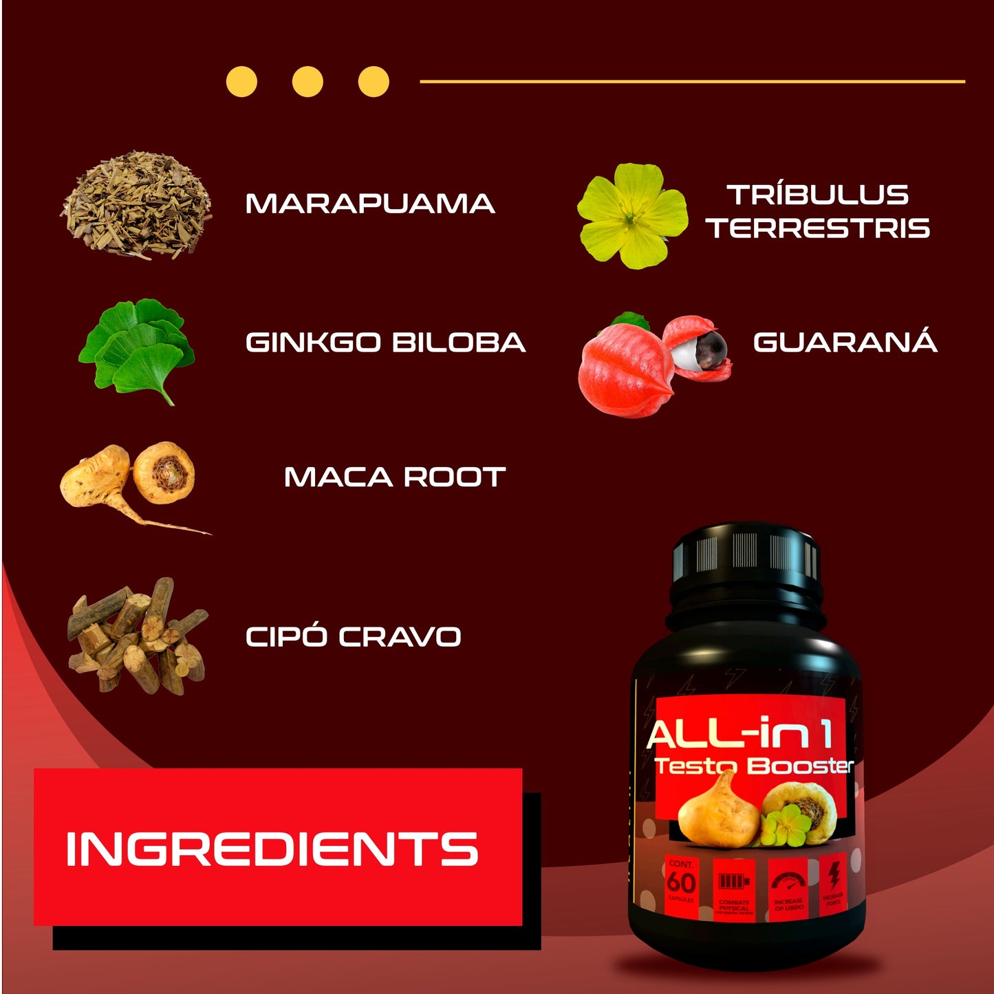 Testosterone Supplement for Men, Golden Lion Healthy, All-in1 Testo Booster for Men, tribulus terrestris for Men, Maca Root, Ginseng, Ginkgo, Guarana.